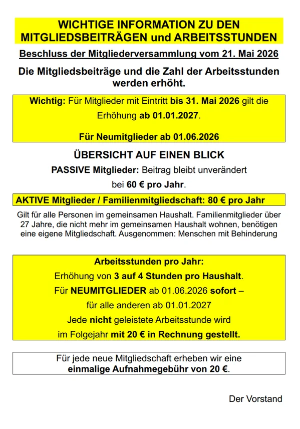 Erhöhung Mitgliedsbeiträge und Arbeitsstunden für aktive Mitglieder